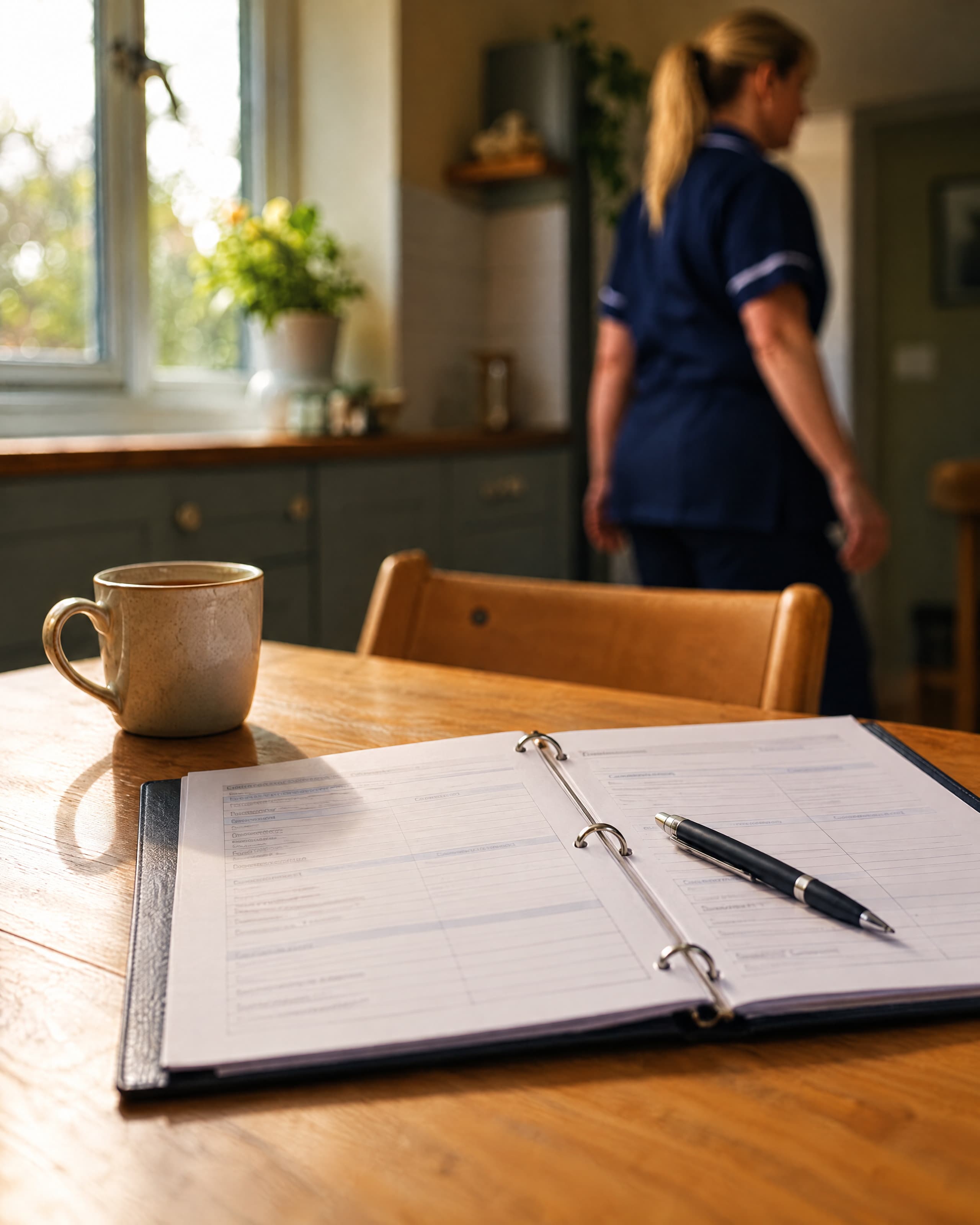 An open care plan and a pen on a kitchen table, a mug beside it, a carer moving through the room behind.