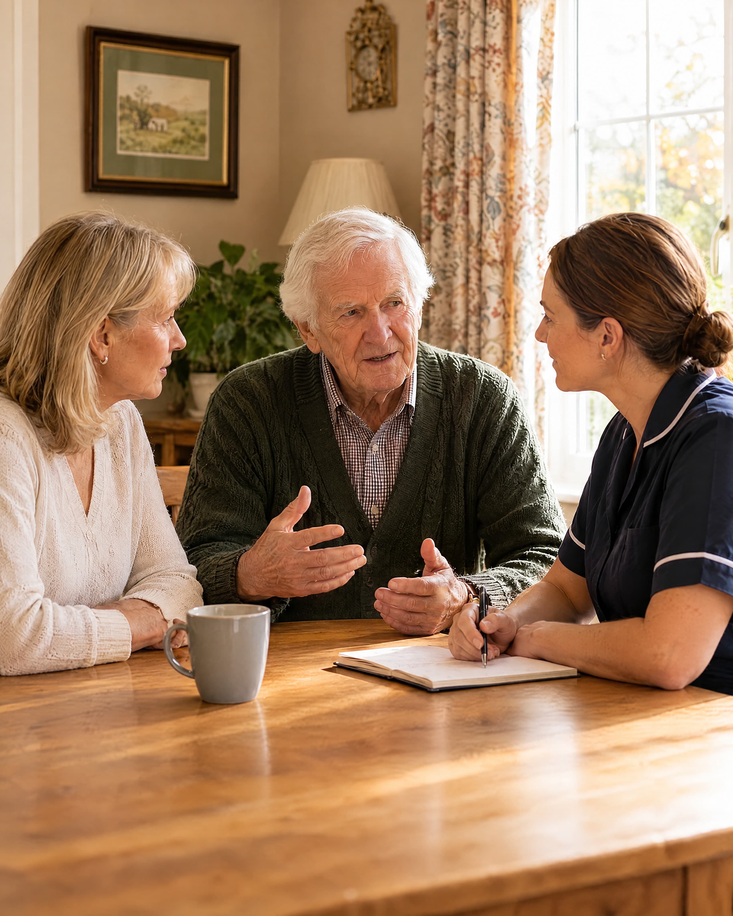 An older man in a green jumper at his table with a family member and a carer, a notebook between them.