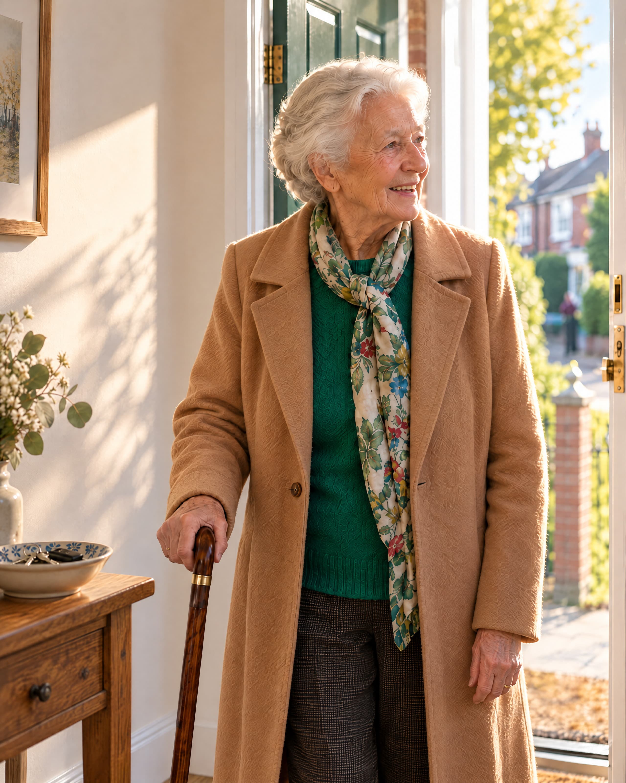 A woman in her mid eighties in a camel coat and green jumper stands at her open front door with her stick, looking out at the morning.