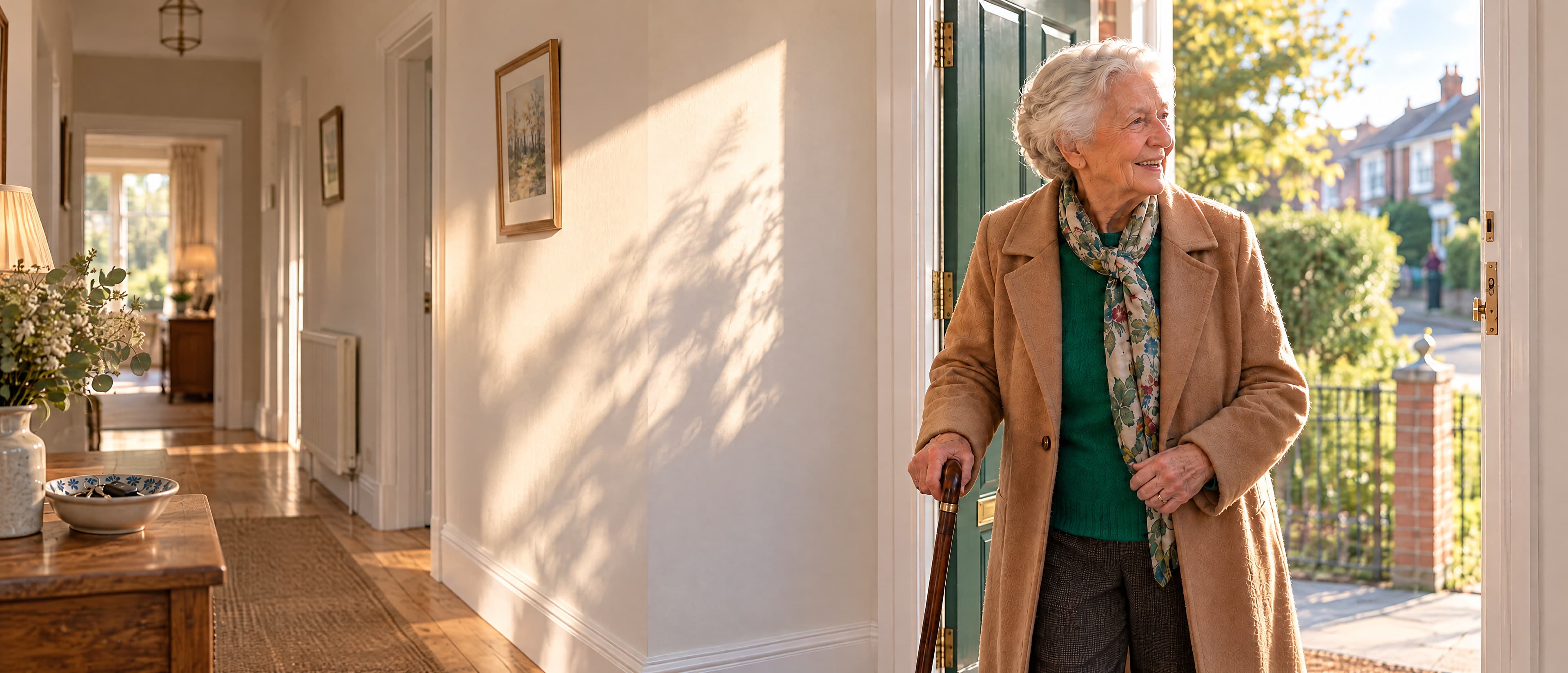 A woman in her mid eighties in a camel coat and green jumper stands at her open front door with her stick, looking out at the morning.