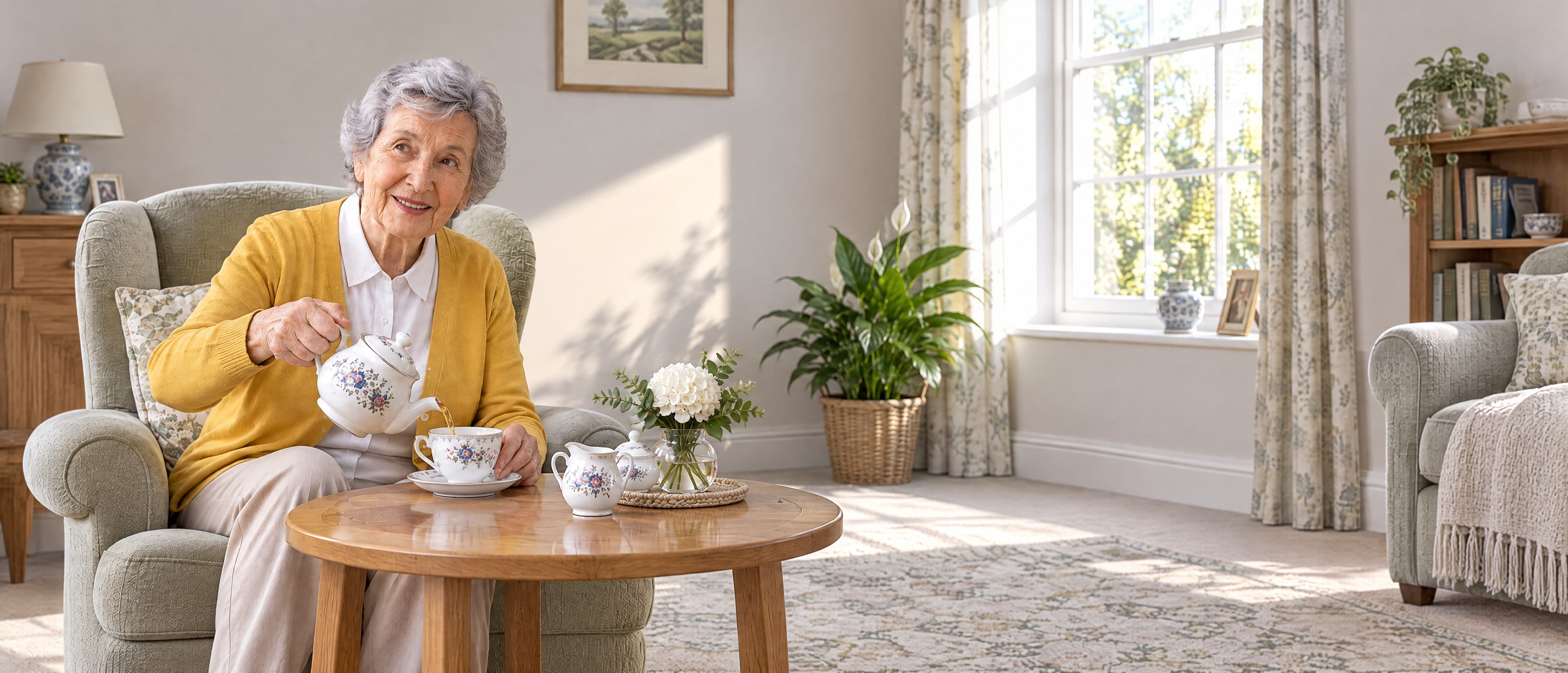 A woman in her late seventies in a saffron cardigan pours tea from her own floral pot in her bright sitting room.