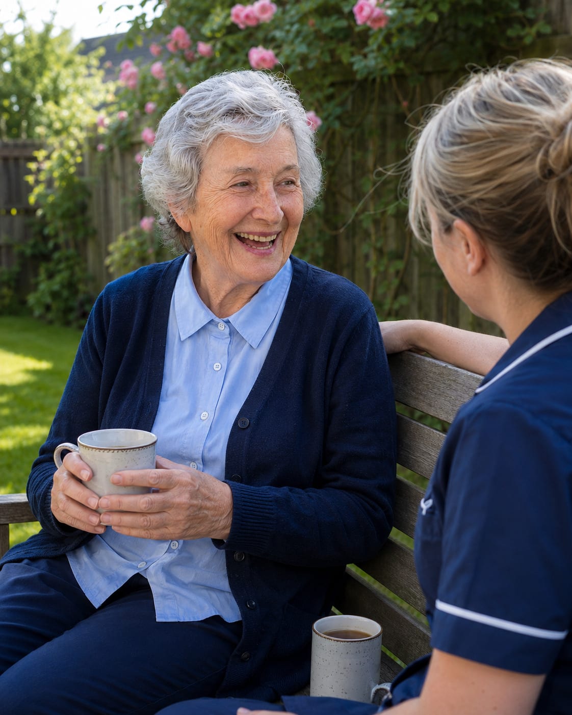 An older woman laughs on a garden bench, holding a mug, a carer sitting beside her.