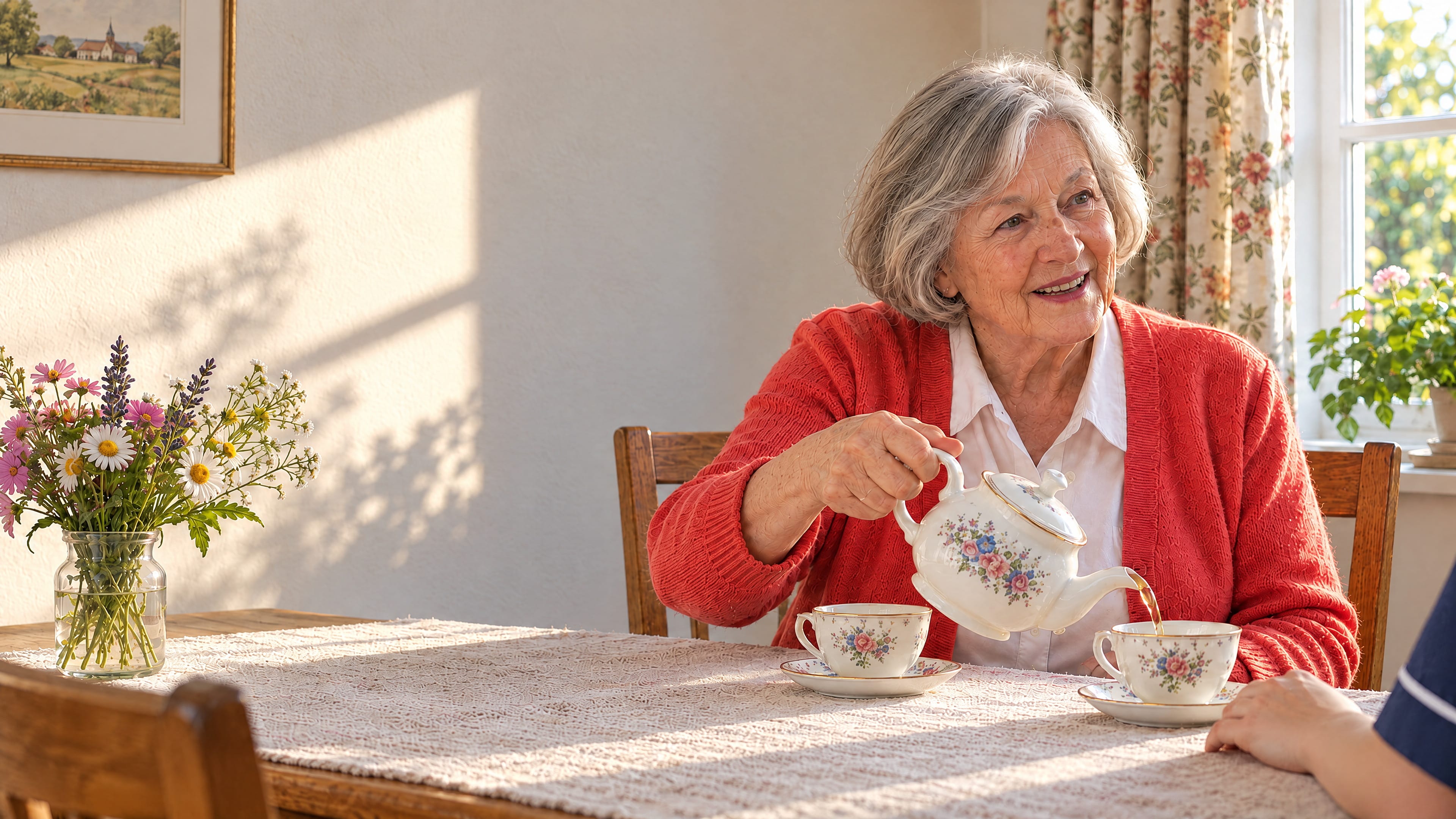 A woman in her early eighties in a coral cardigan pours tea at her dining table, smiling at a visitor whose hand rests on the cloth.