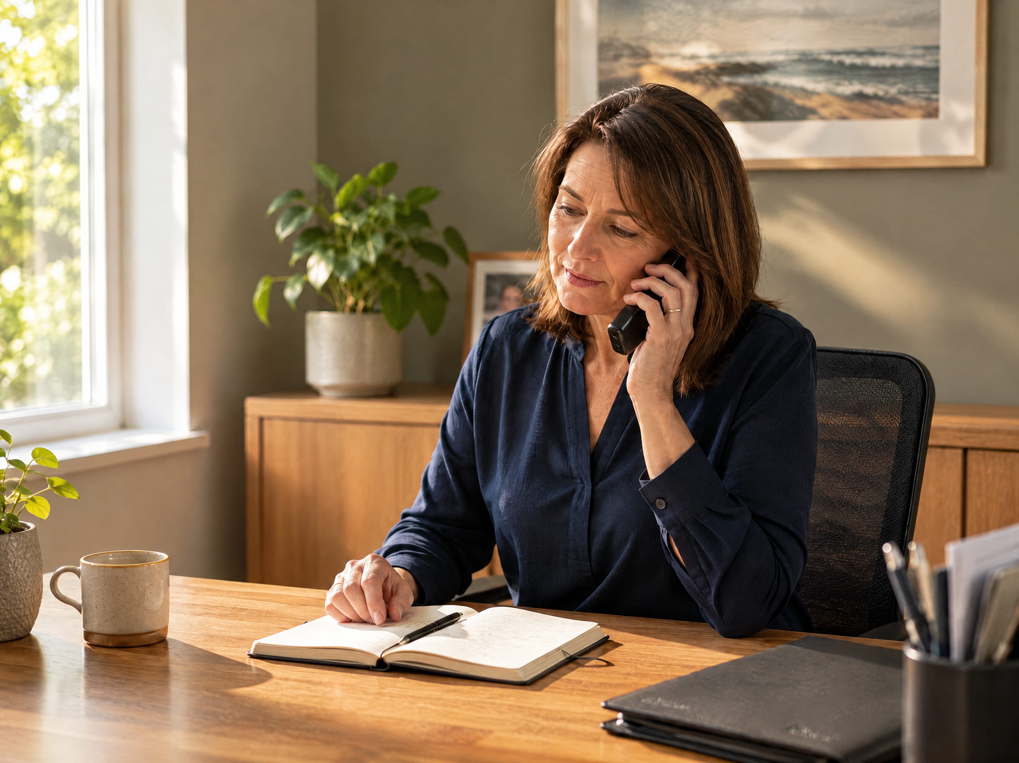 A woman in a navy top at a desk by a window, on the phone, writing in a notebook.