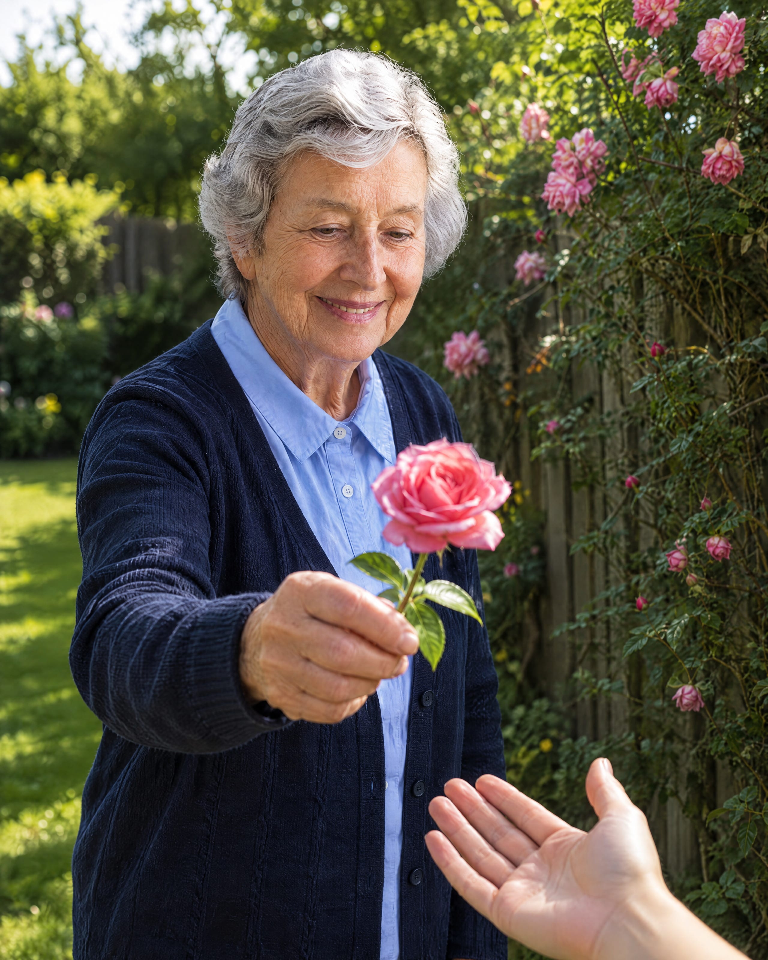 An older woman holds out a cut rose to an open hand reaching towards her.