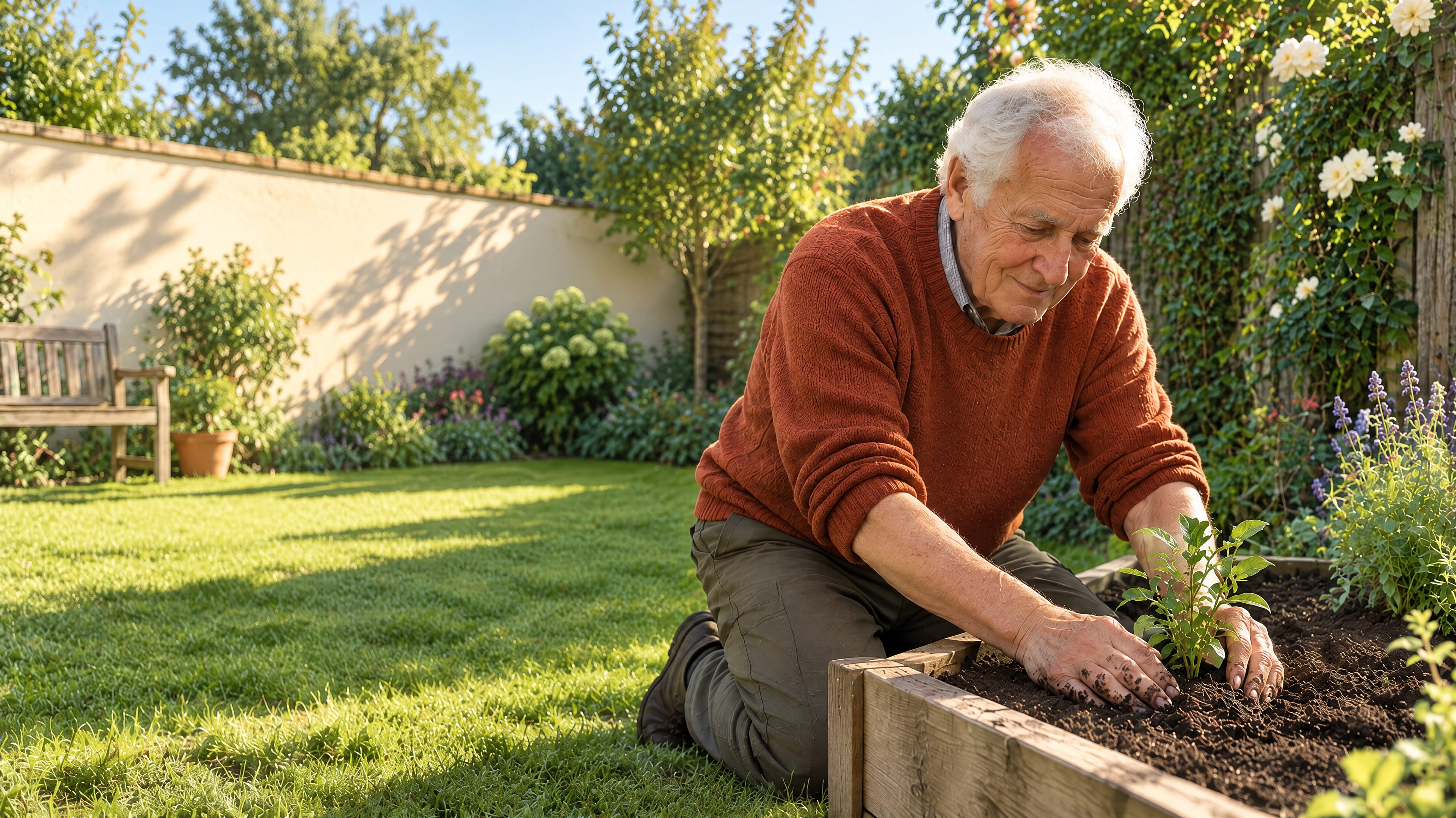 A man in his late seventies in a rust jumper kneels at a raised bed in his garden, firming soil around a young plant.