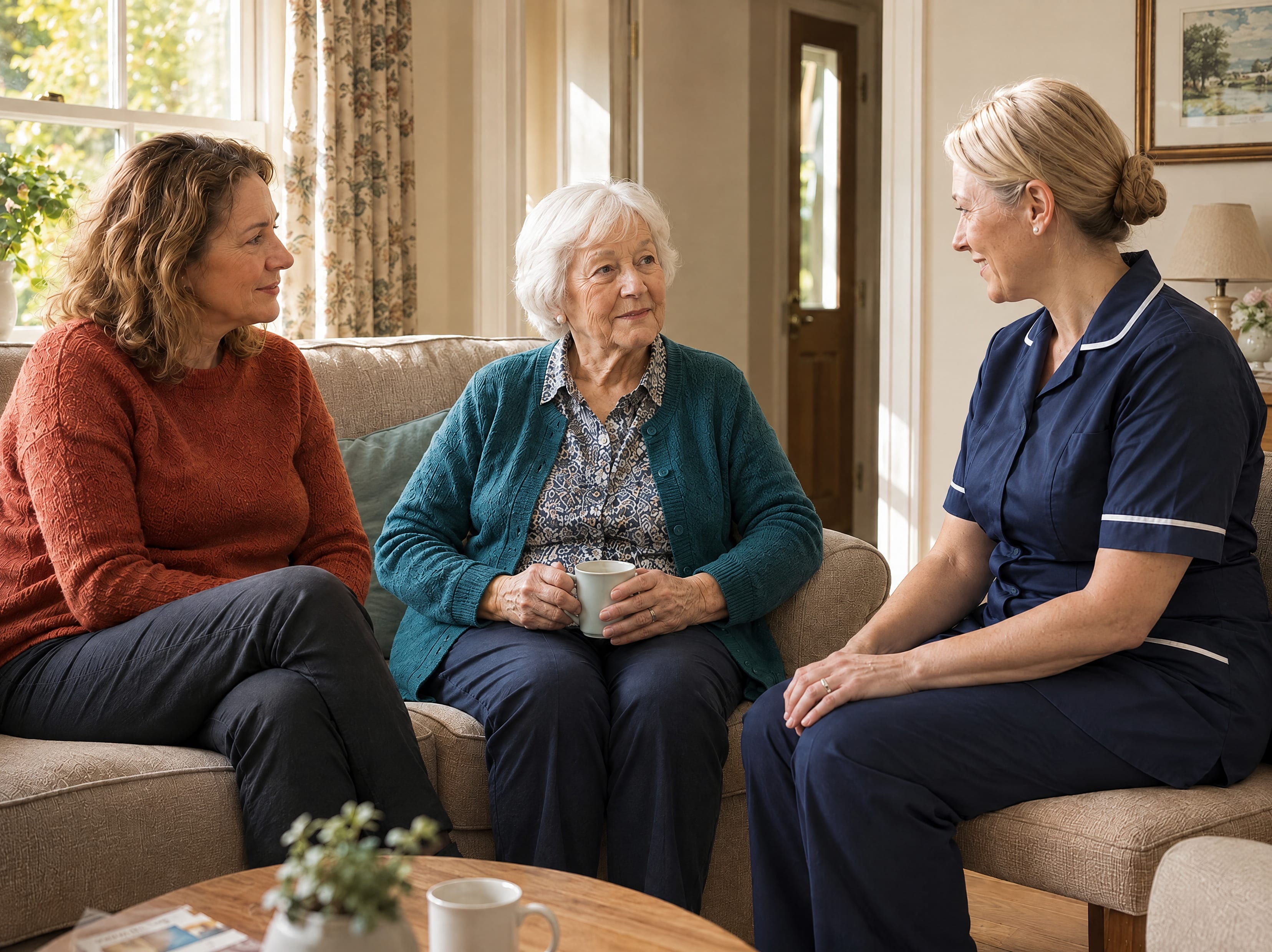 An older woman on her sofa between her daughter and a carer, all three talking.