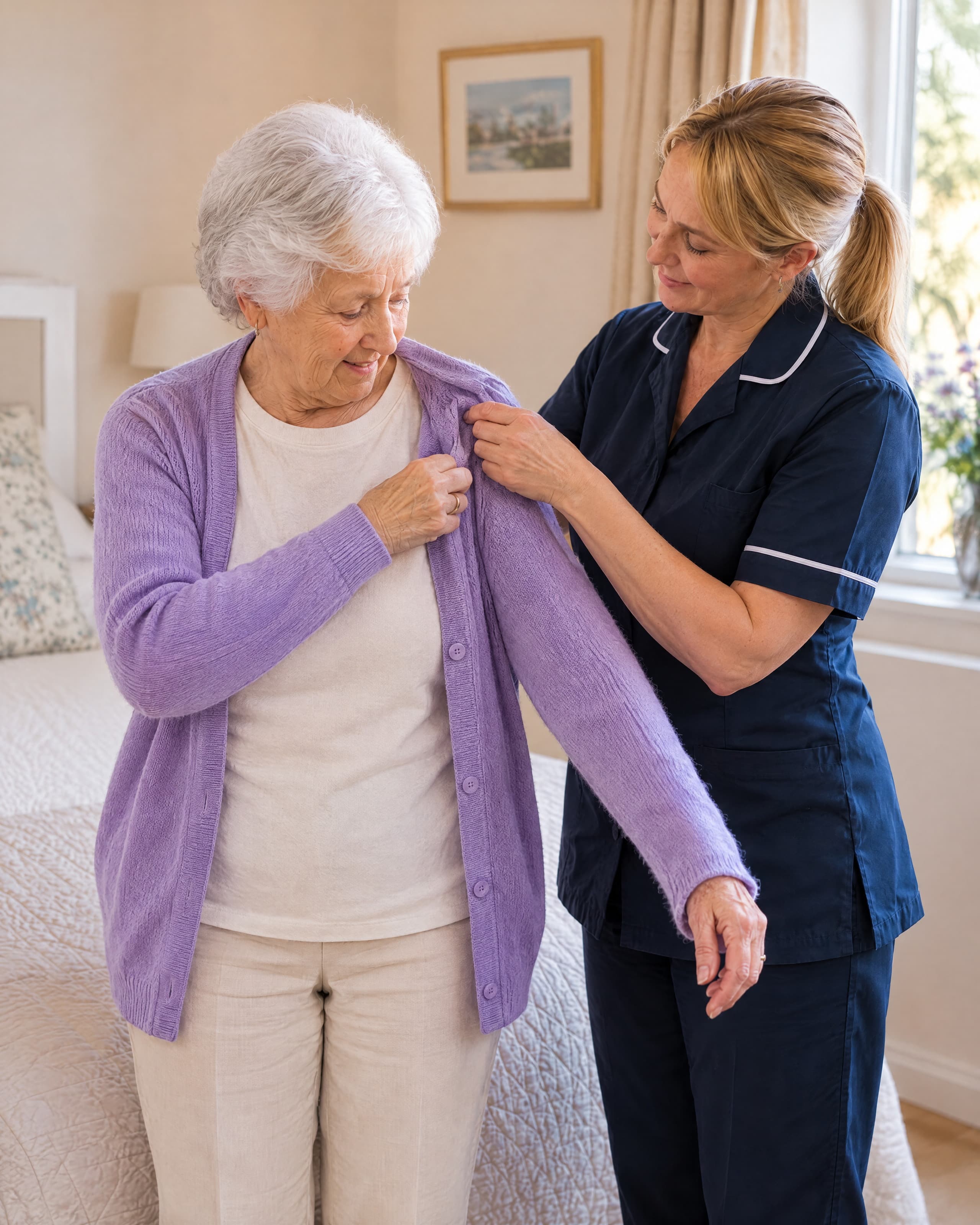 An older woman sitting on her bed, drawing a lilac cardigan over her shoulders, a carer beside her.