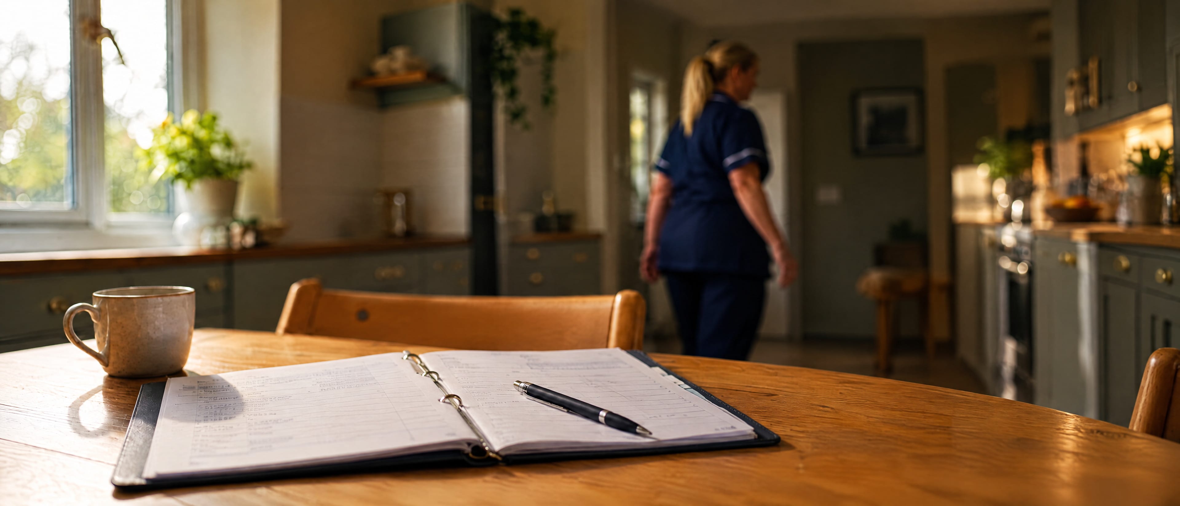 An open care plan and a pen on a kitchen table, a mug beside it, a carer moving through the room behind.