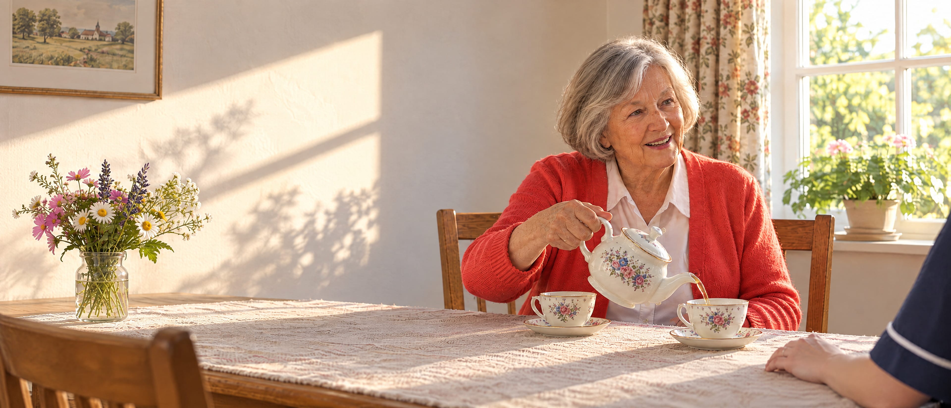 A woman in her early eighties in a coral cardigan pours tea at her dining table, smiling at a visitor whose hand rests on the cloth.