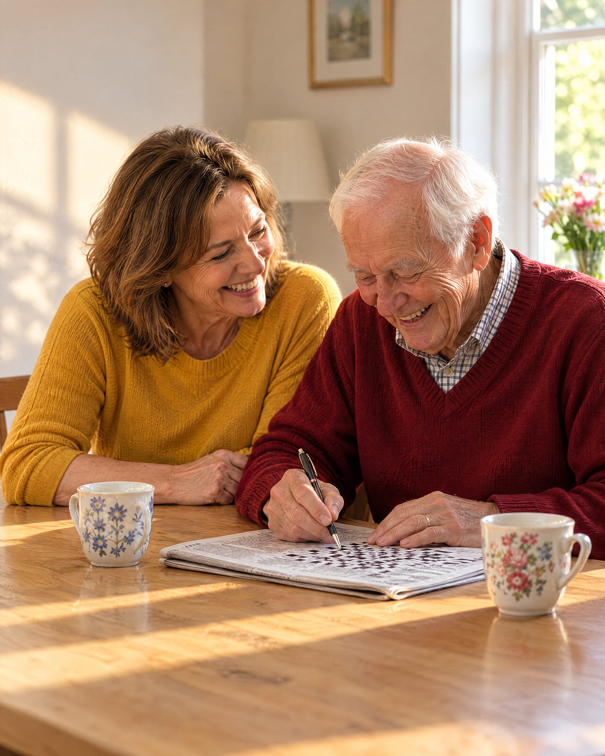 A man in his early eighties in a red jumper laughs over a crossword with his daughter at his kitchen table.