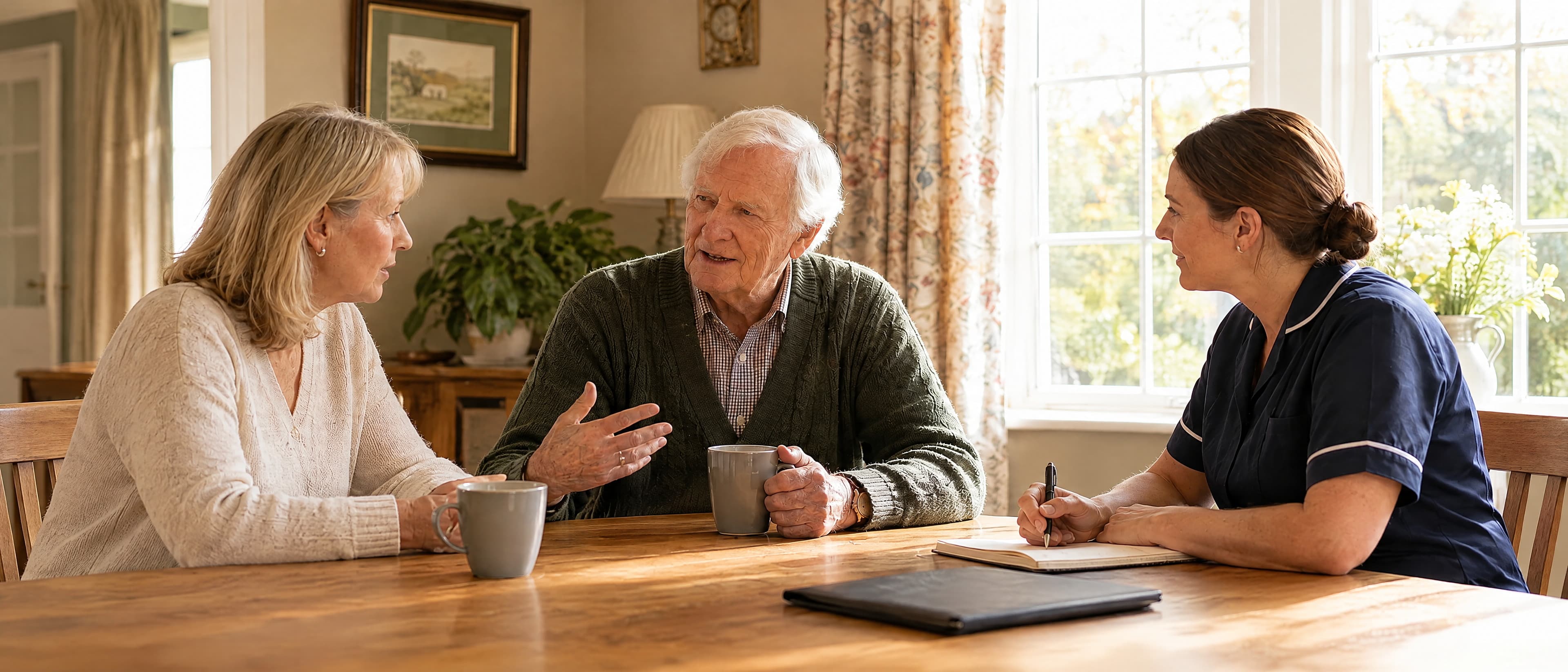 An older man in a green jumper at his table with a family member and a carer, a notebook between them.
