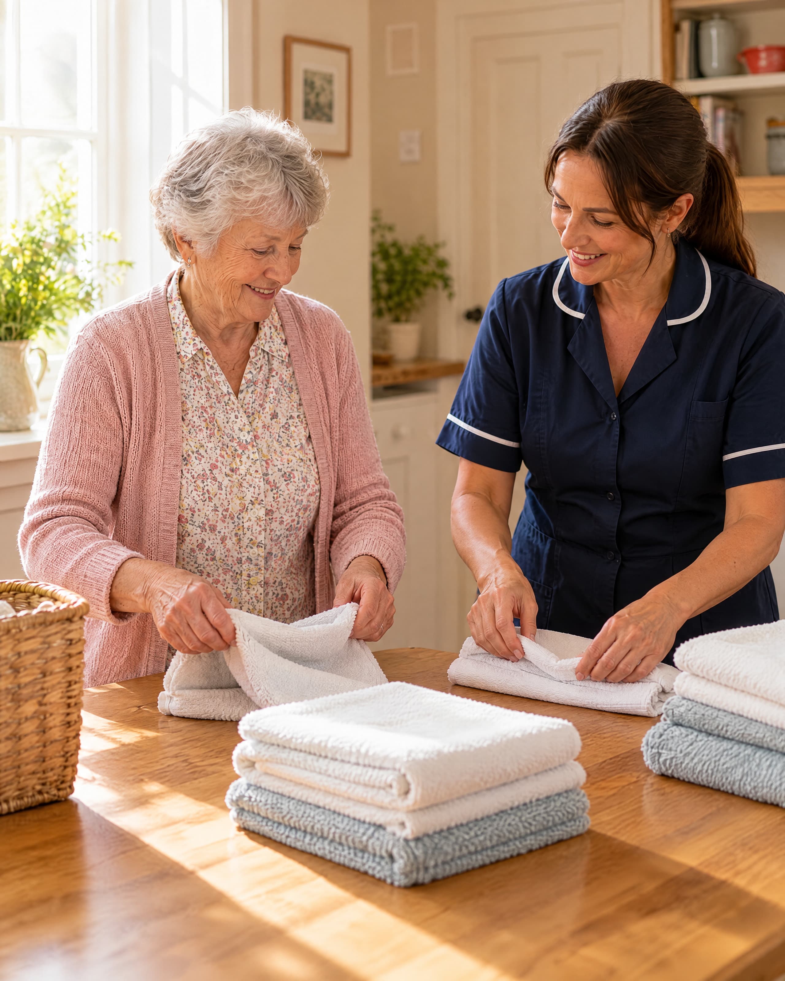 An older woman in a pink cardigan folding towels at her kitchen table with a carer.