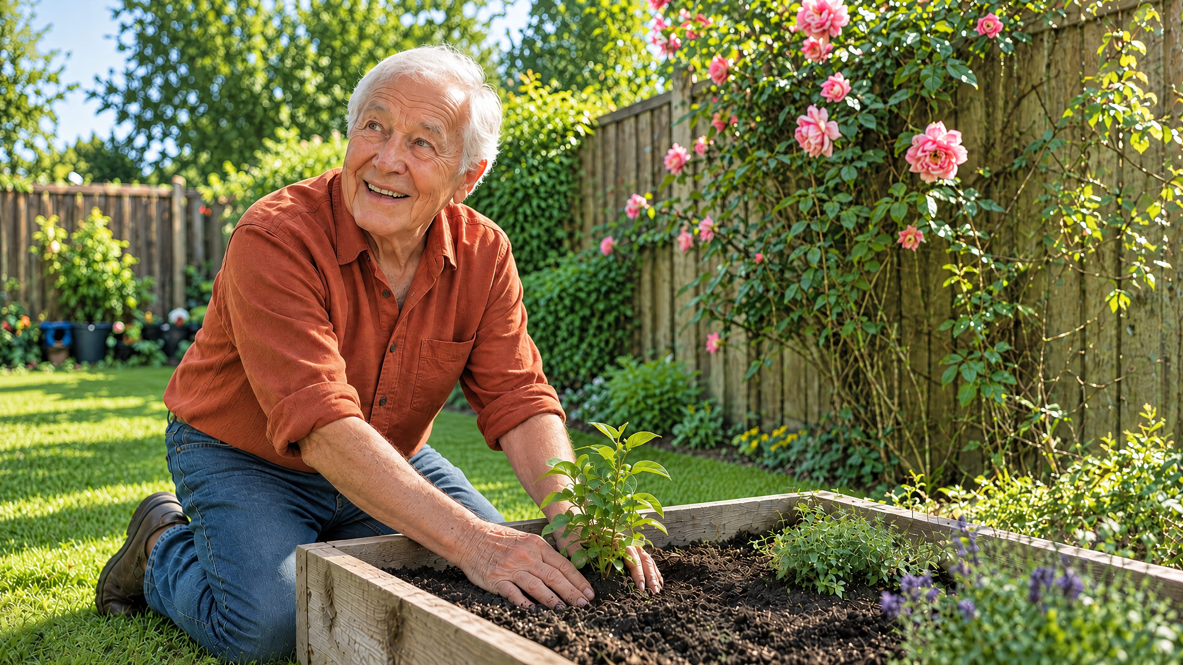 A man in his late seventies in a rust shirt kneels at his raised bed, pressing a young plant into the soil, looking up and smiling.