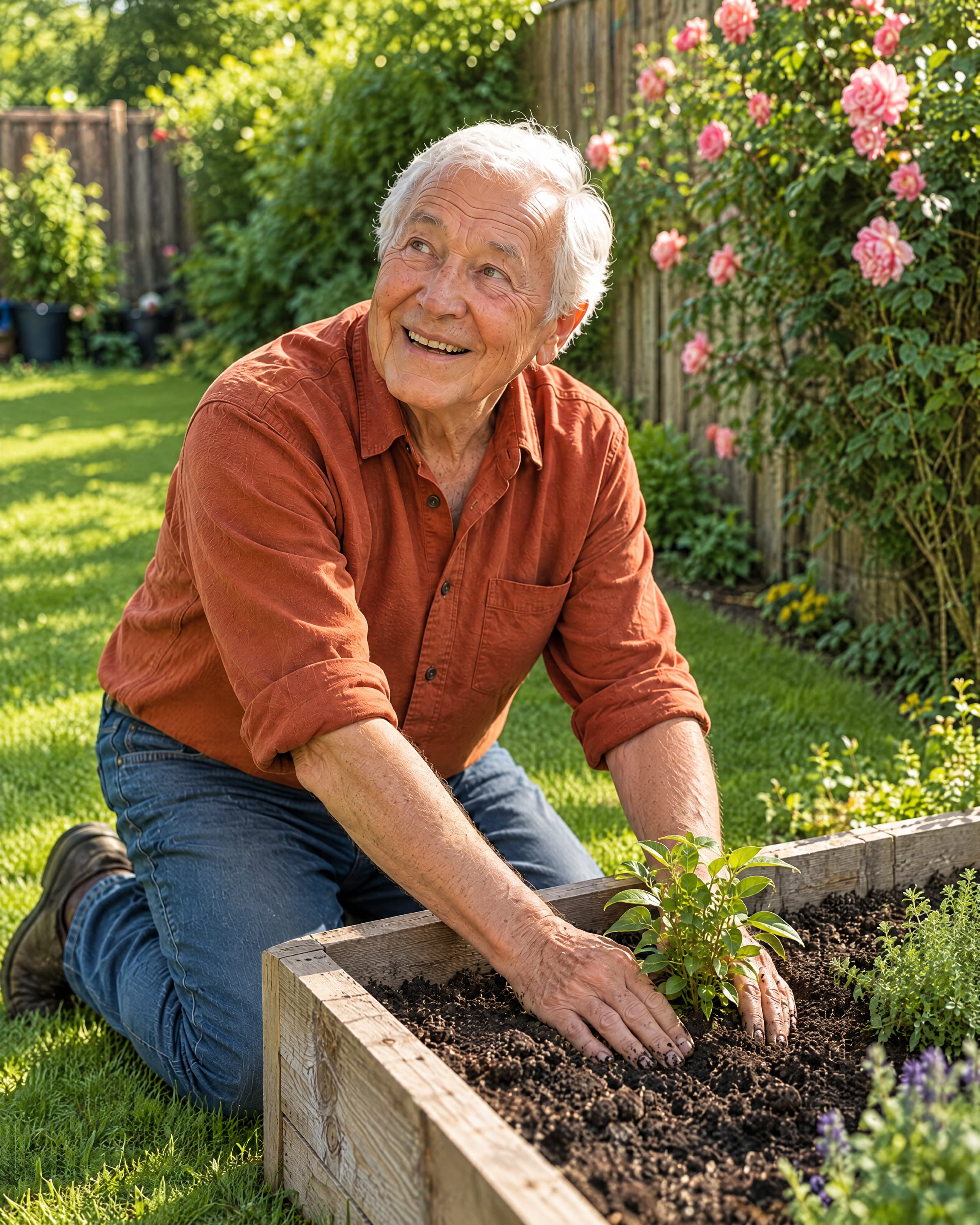 A man in his late seventies in a rust shirt kneels at his raised bed, pressing a young plant into the soil, looking up and smiling.