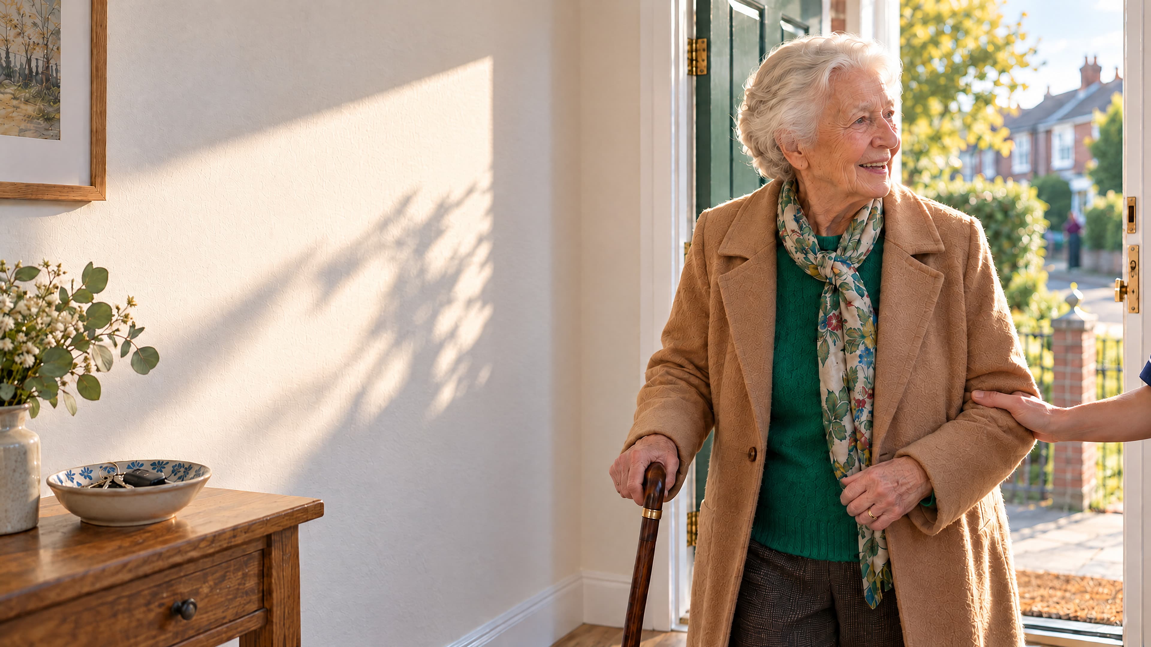A woman in her mid eighties in a camel coat and green jumper stands at her open front door with her stick, looking out at the morning.