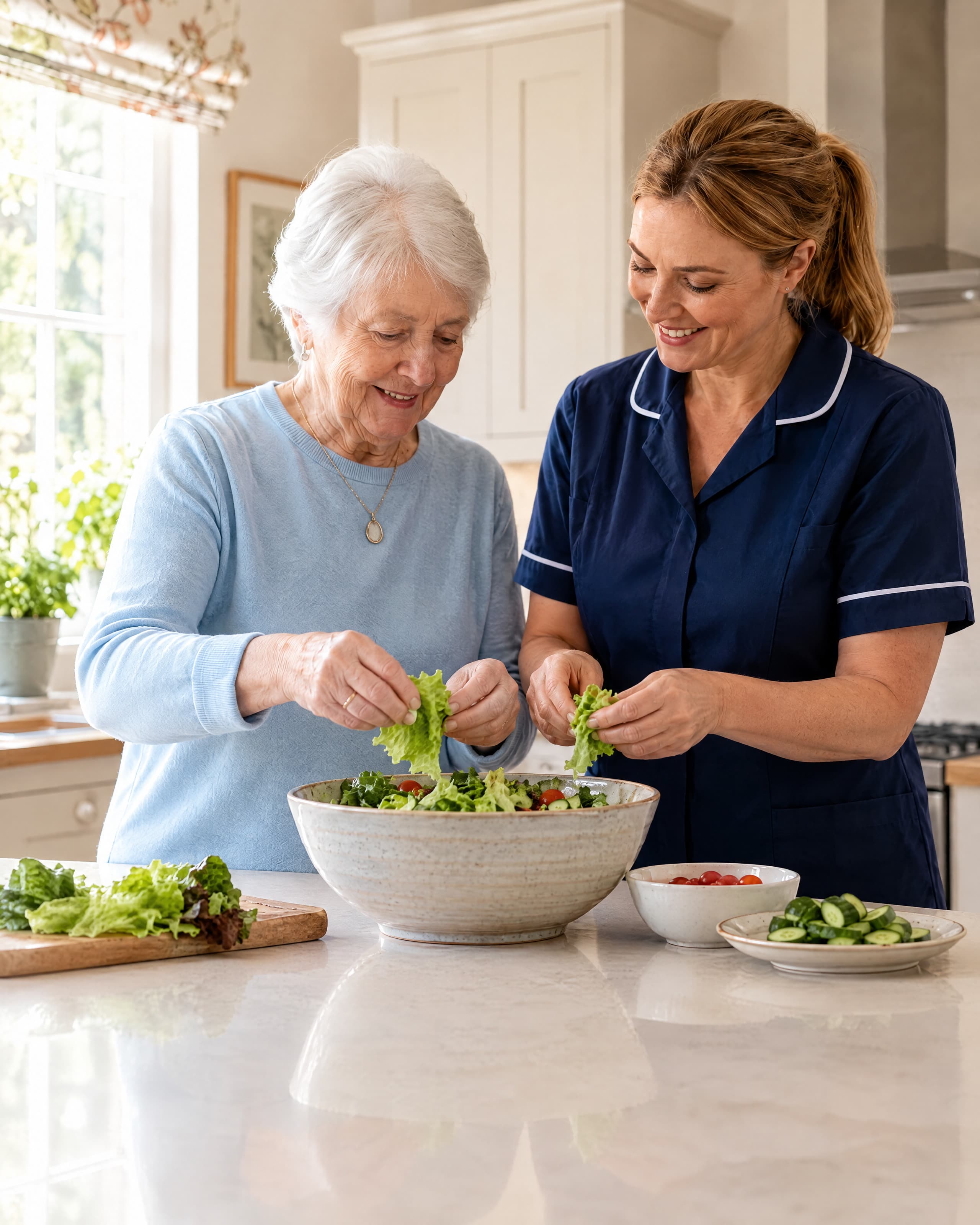 An older woman and a carer preparing a salad together at a kitchen island.
