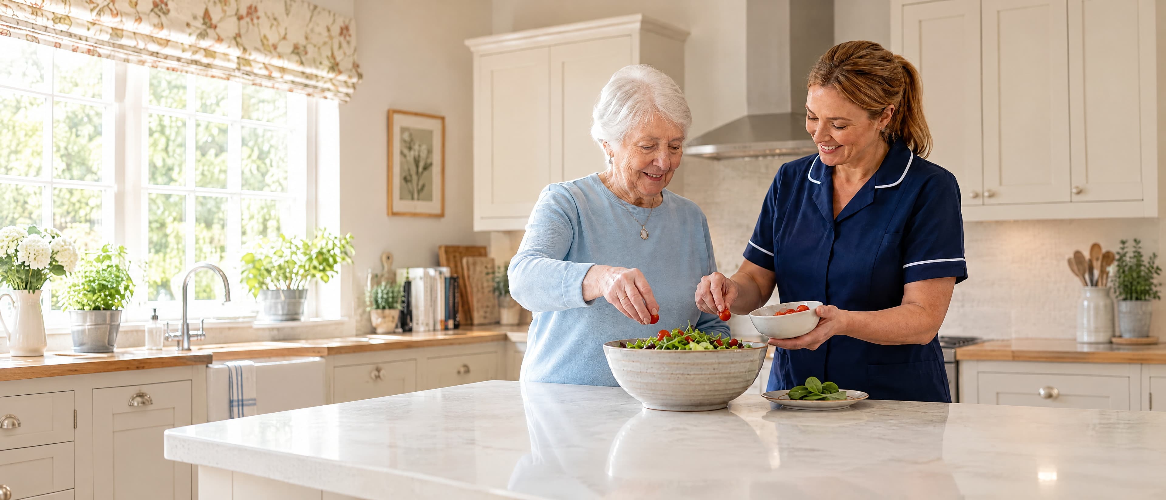 An older woman and a carer preparing a salad together at a kitchen island.