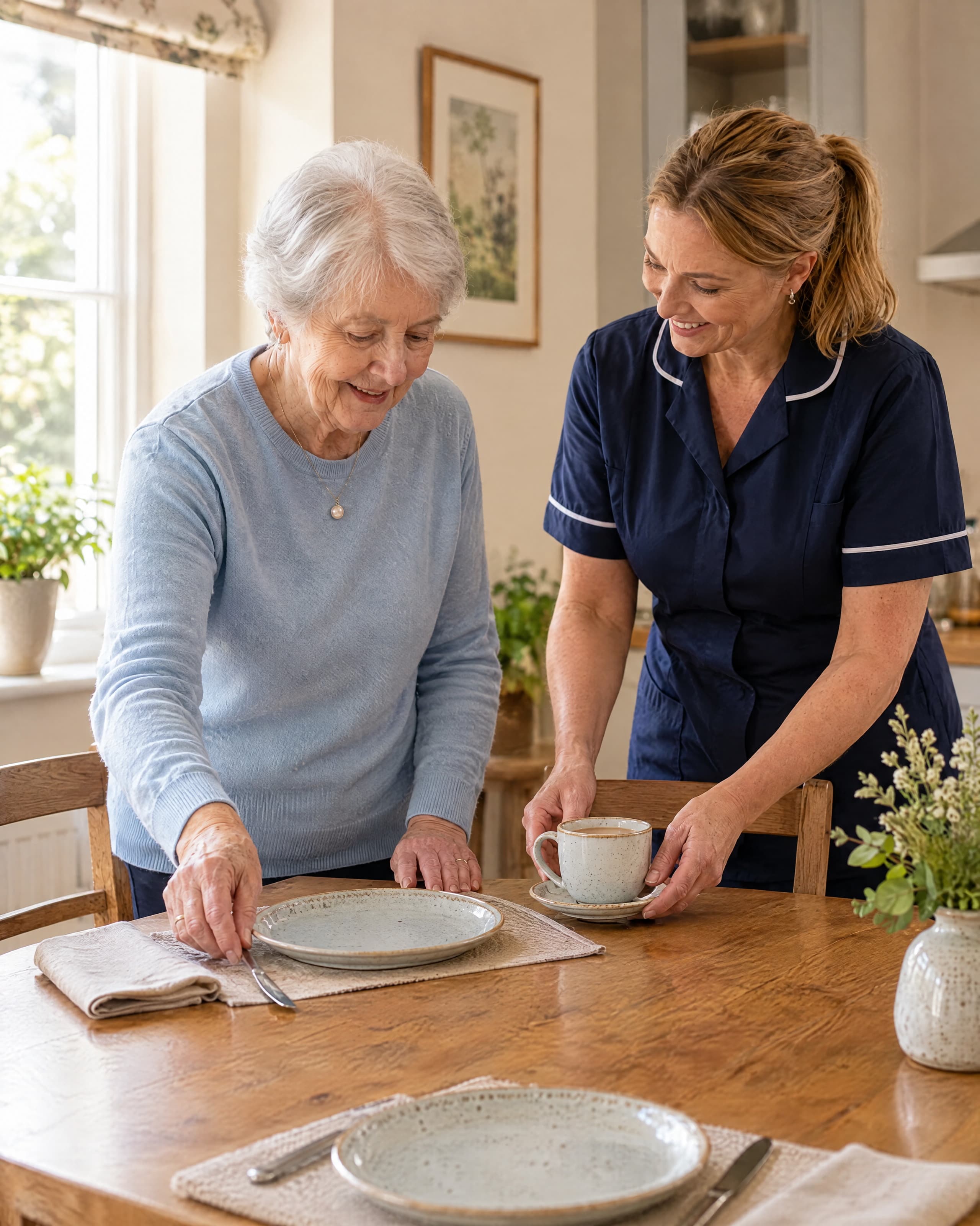An older woman in a blue jumper lays a table in her kitchen while a carer sets down a mug beside her.