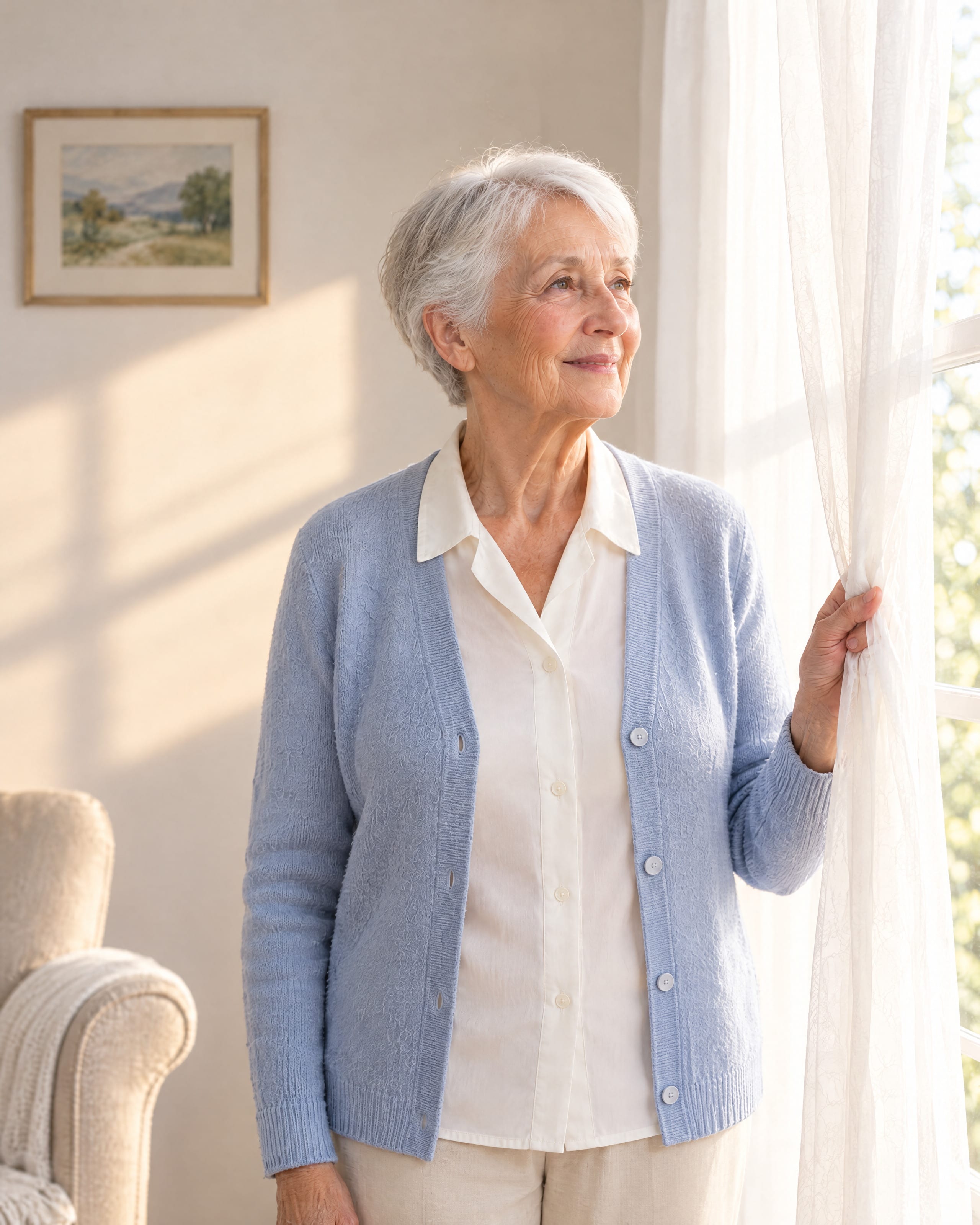 A woman in her late seventies in a pale blue cardigan draws back a sheer curtain at her window, morning sun on the wall behind her.