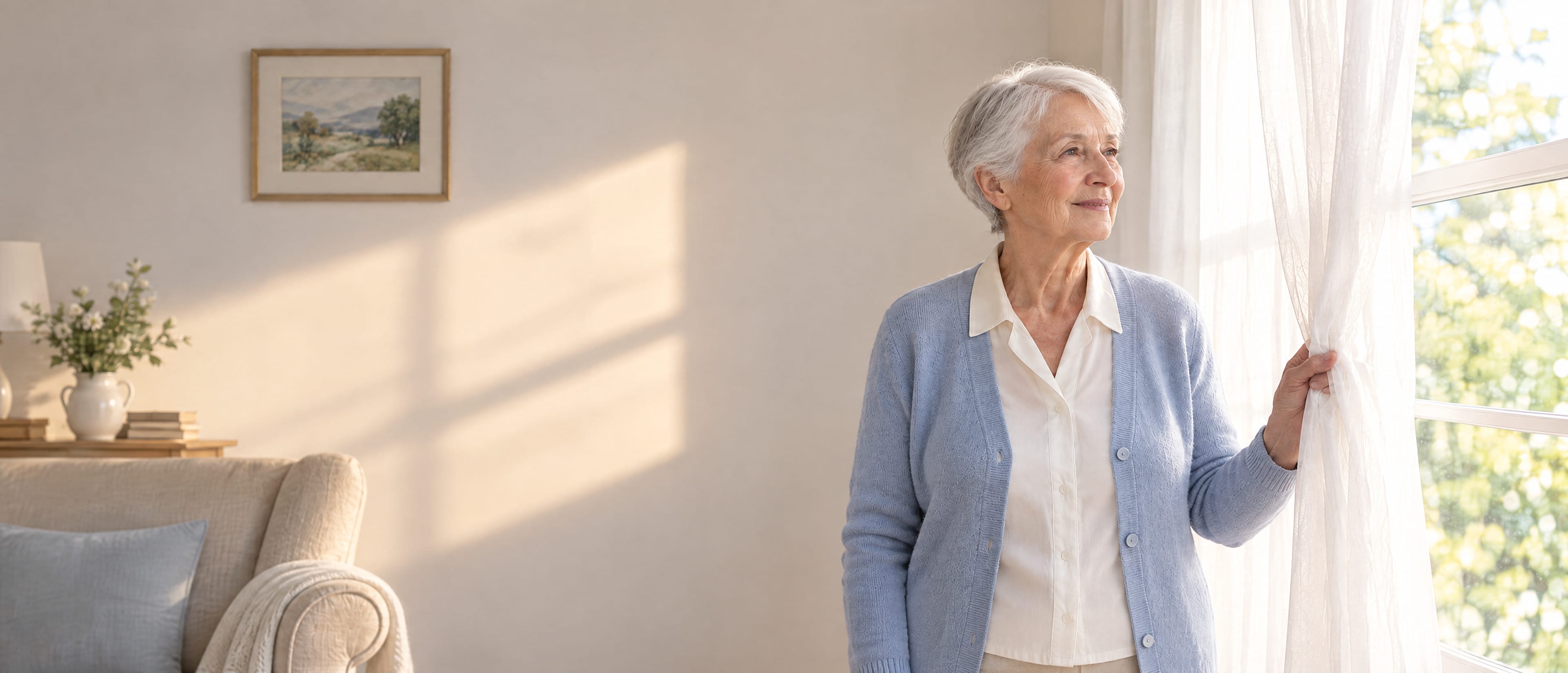 A woman in her late seventies in a pale blue cardigan draws back a sheer curtain at her window, morning sun on the wall behind her.