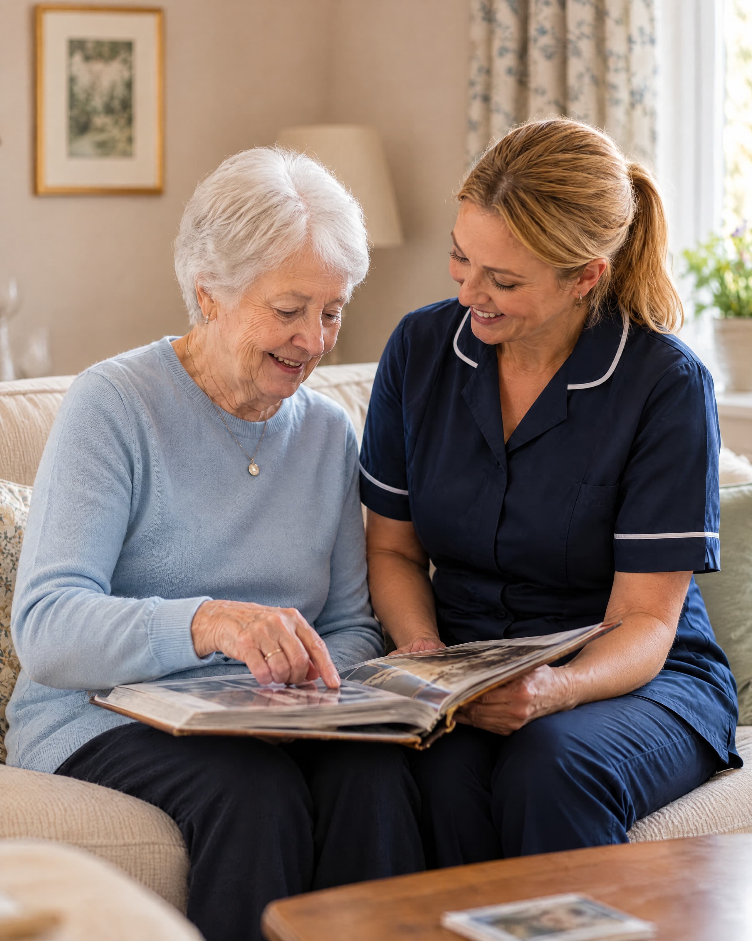 An older woman and a carer on a sofa, looking through a photograph album together.