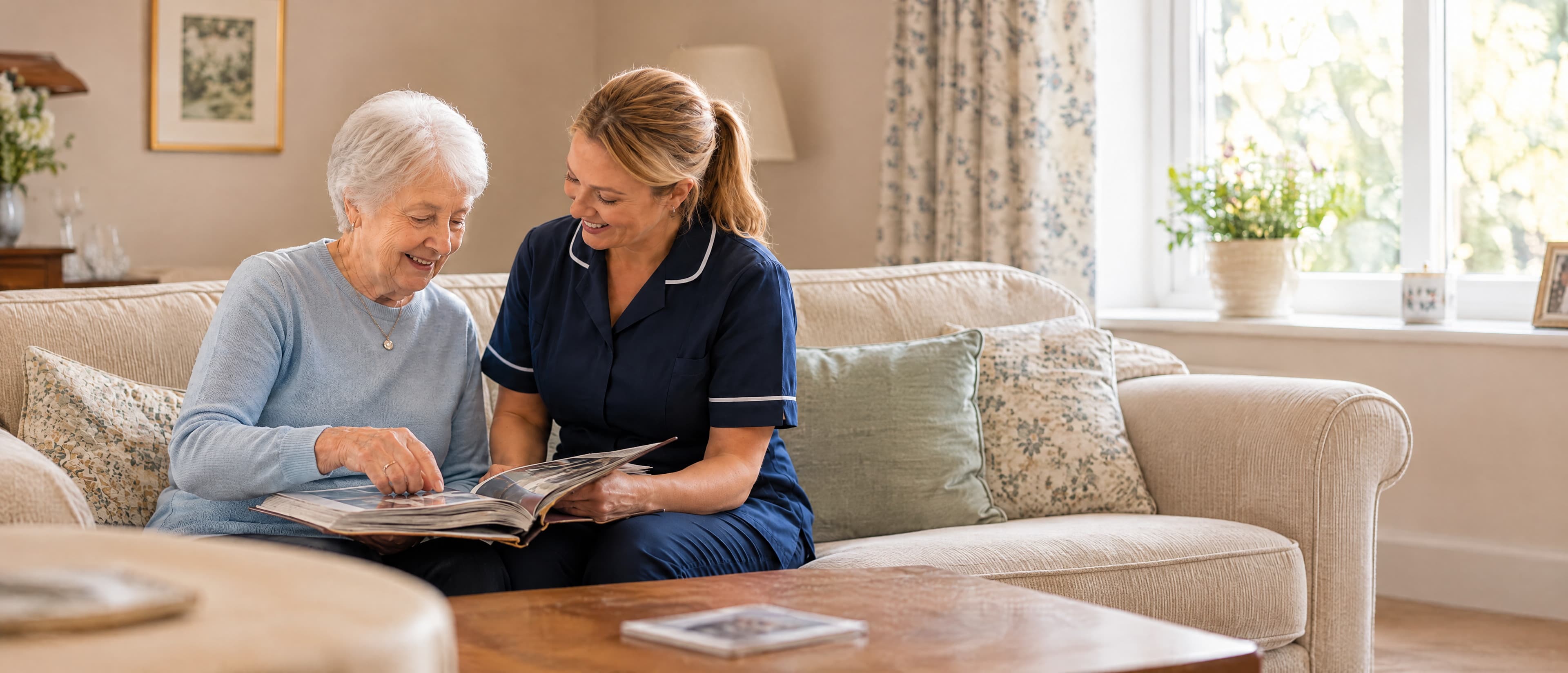 An older woman and a carer on a sofa, looking through a photograph album together.