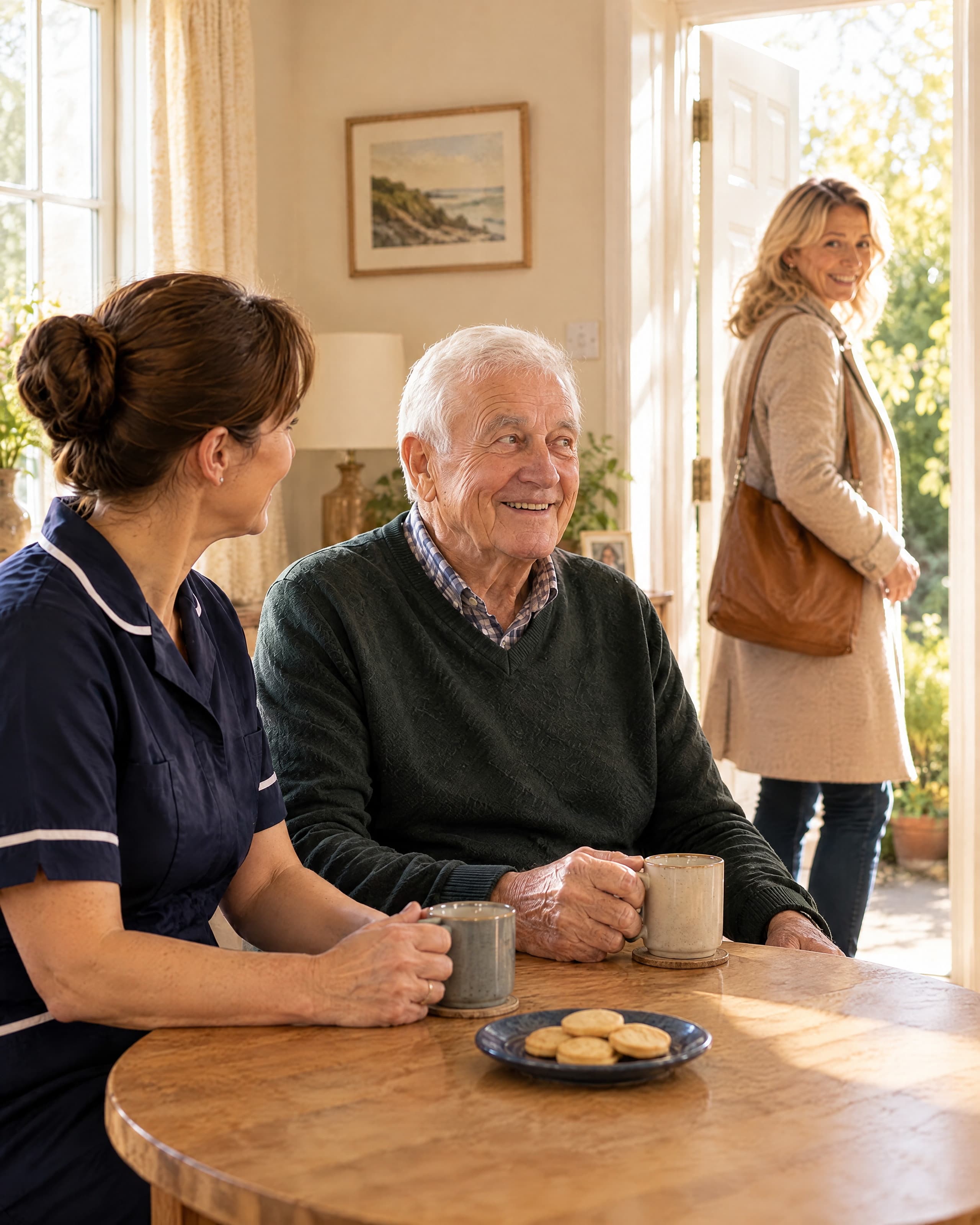 An older man and a carer at a table with tea as a family member arrives through the open door behind them.
