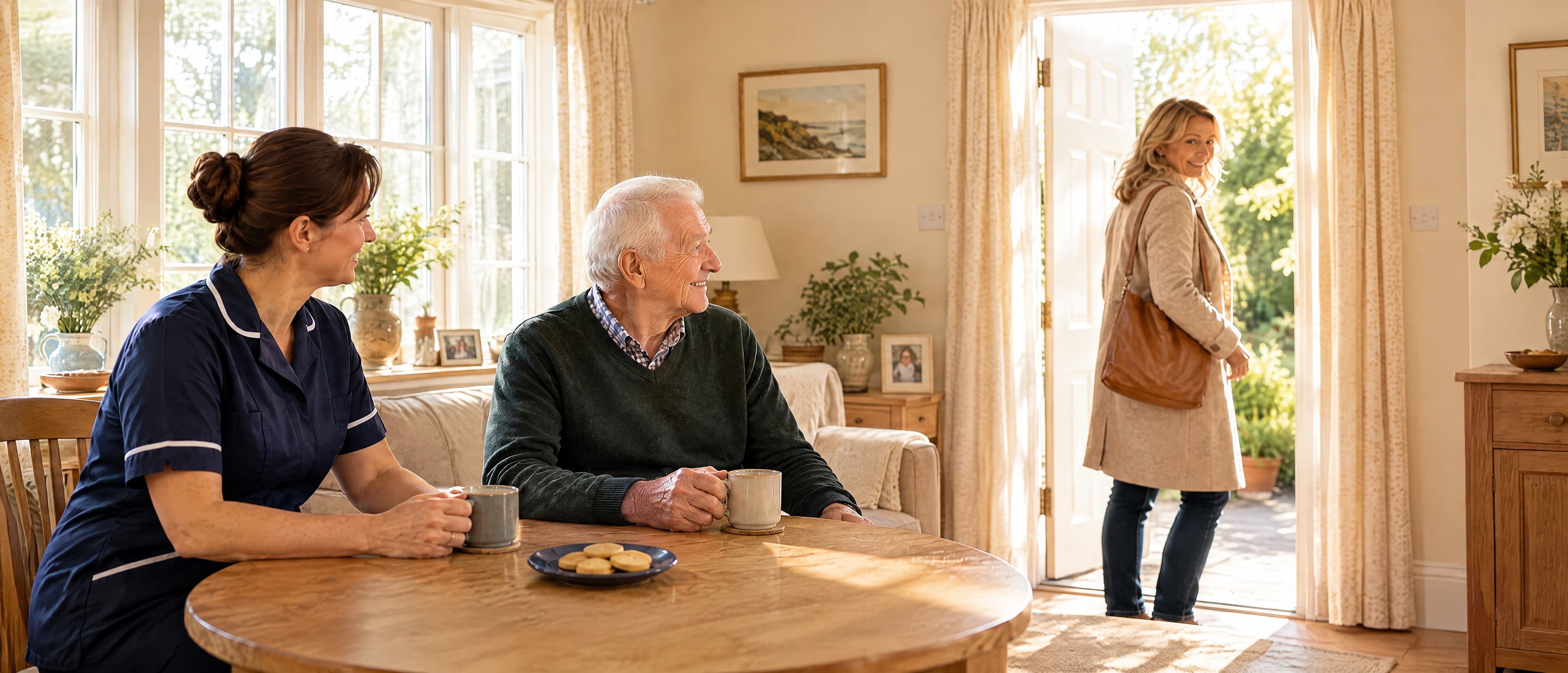 An older man and a carer at a table with tea as a family member arrives through the open door behind them.