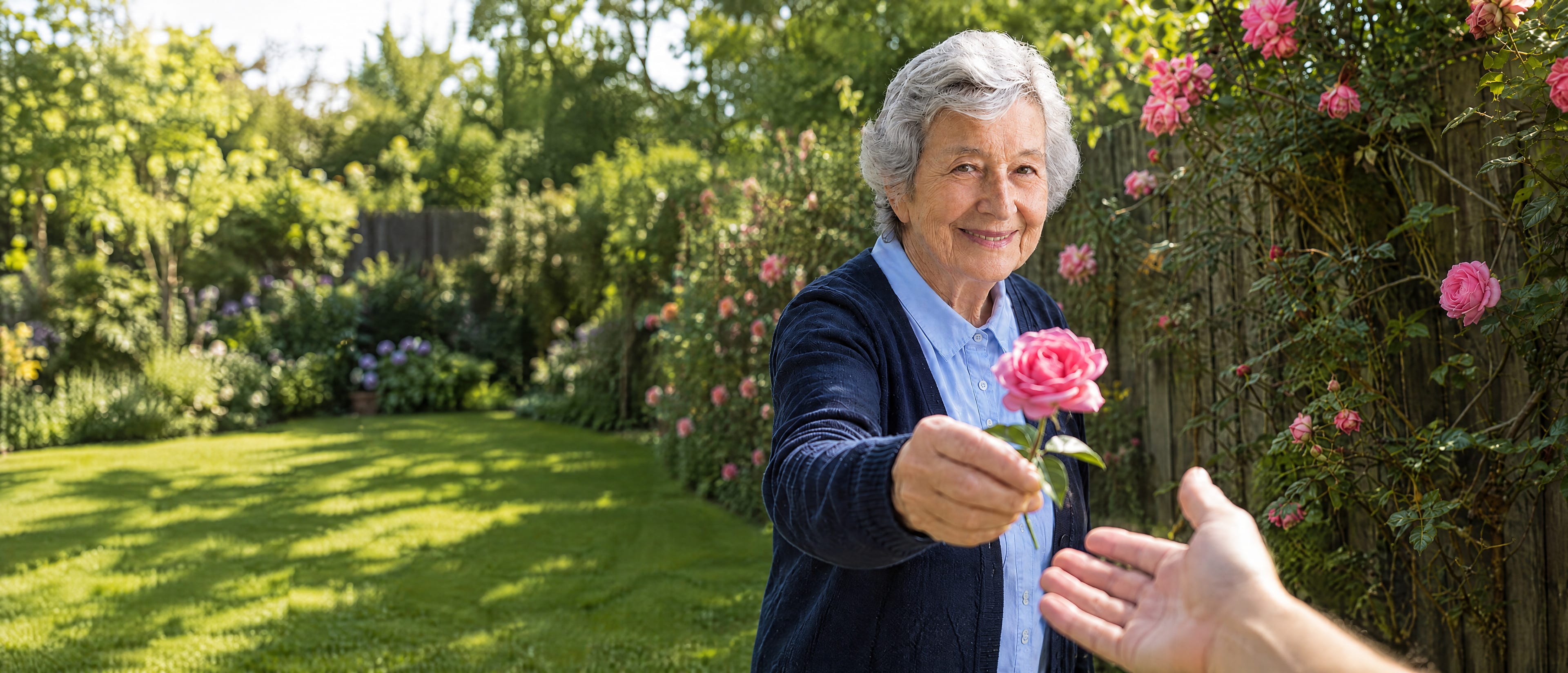 An older woman holds out a cut rose to an open hand reaching towards her.