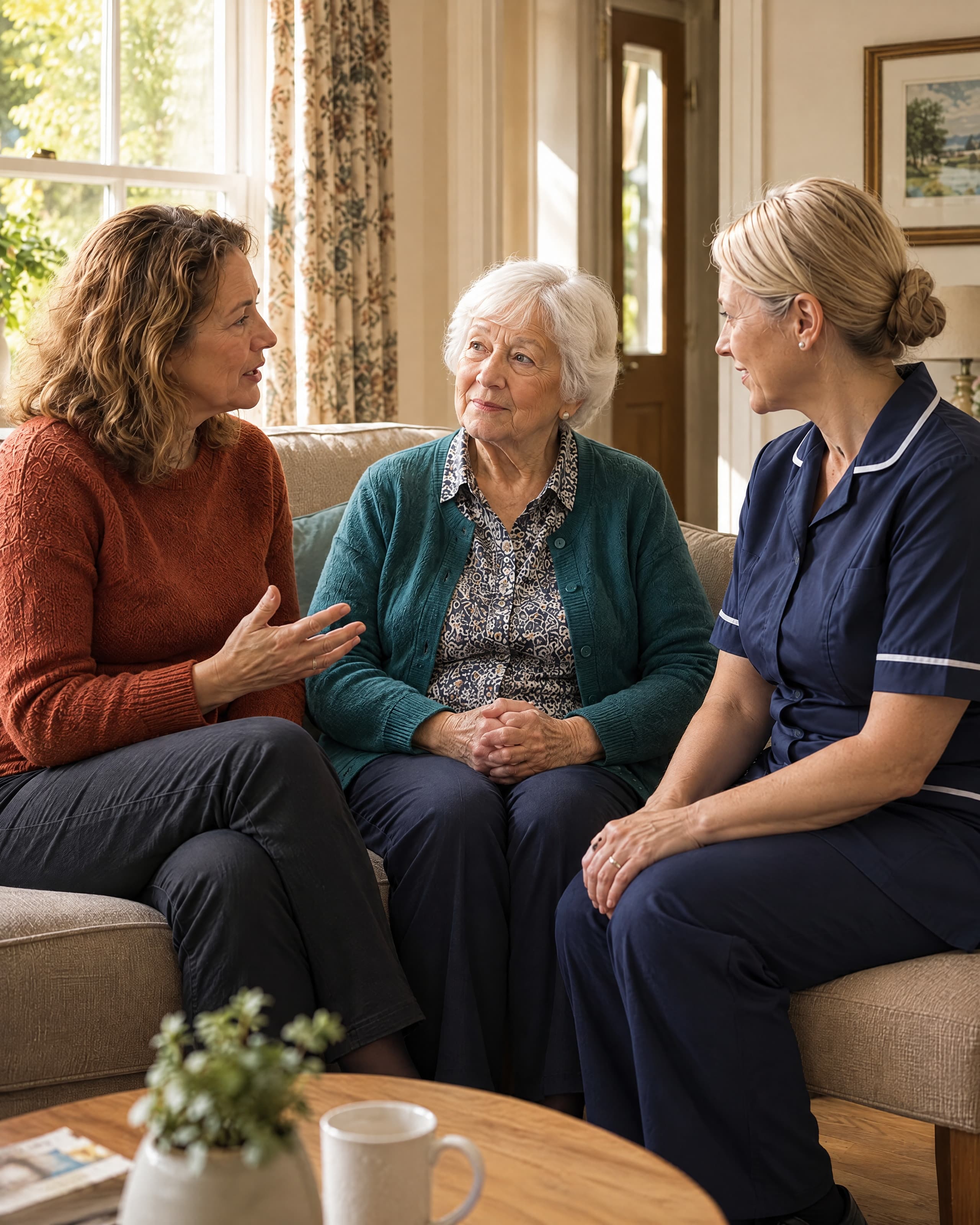 An older woman on her sofa between her daughter and a carer, all three talking.
