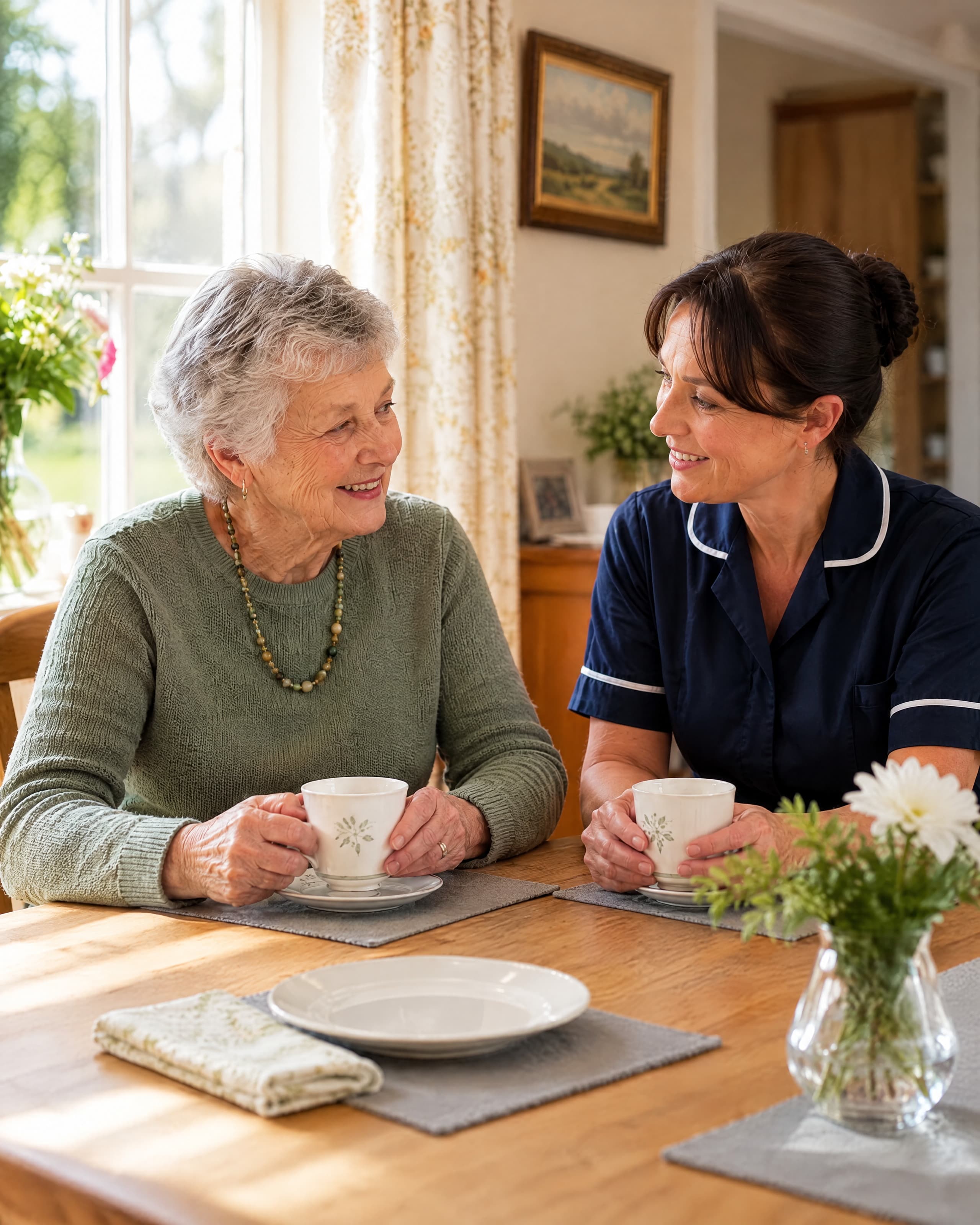 An older woman in a green jumper at her dining table with a cup of tea, a carer sitting across from her.
