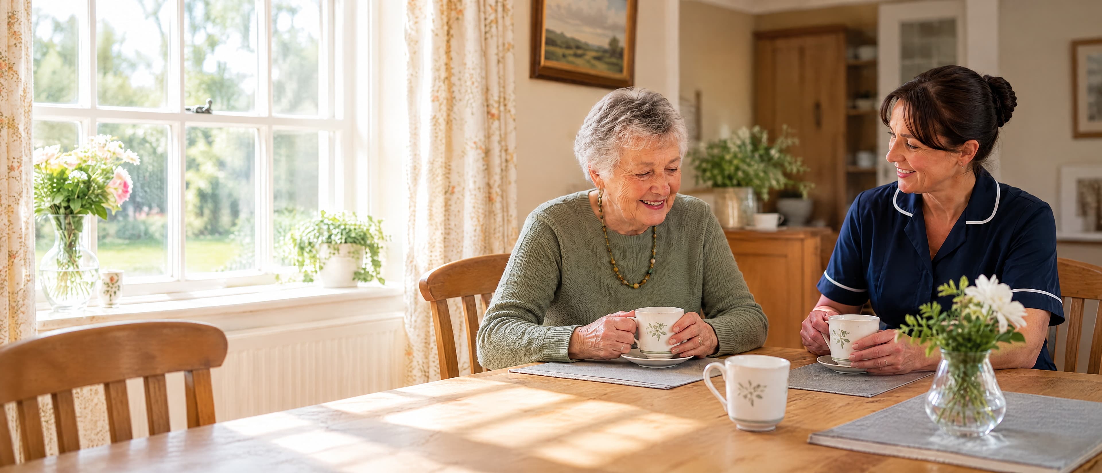 An older woman in a green jumper at her dining table with a cup of tea, a carer sitting across from her.